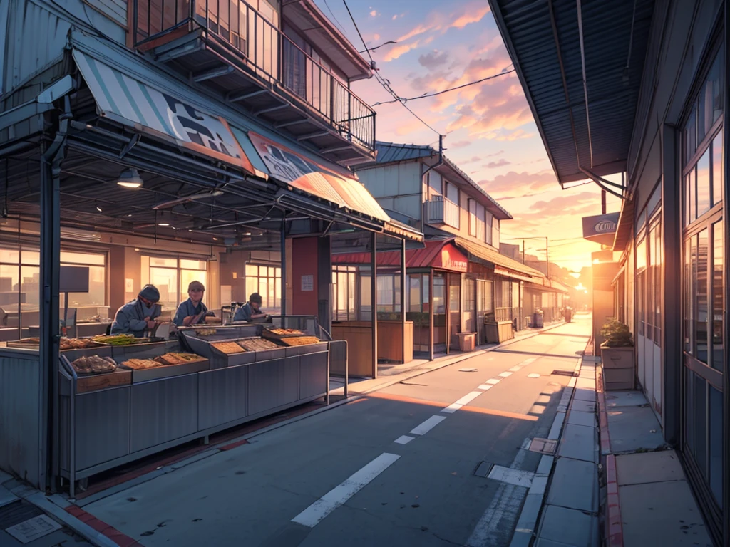 2d Scenario, cafeteria, empty street, SUNSET,