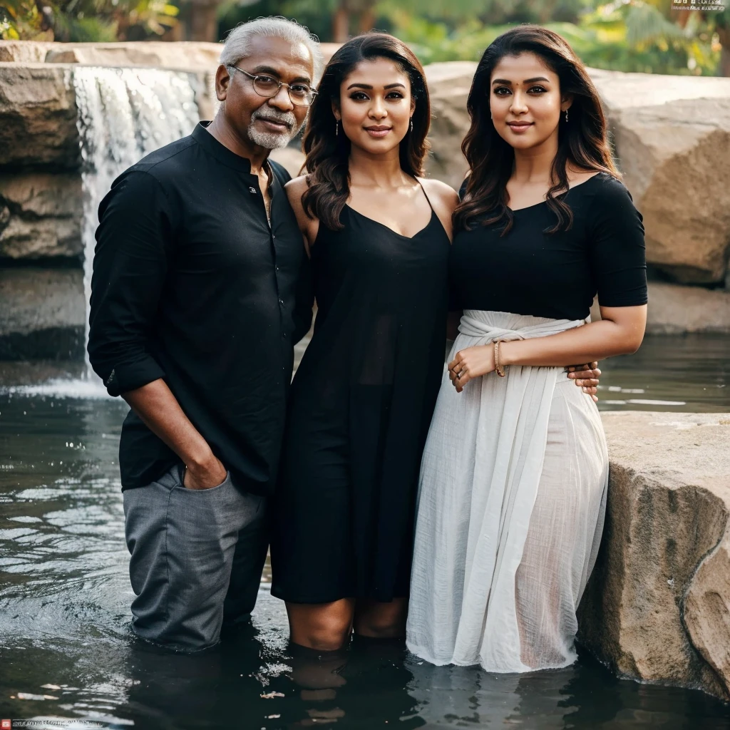 A Indian old man and girl in the water fall stone, standing pose, detailed,black Oldman, beautiful girl, couple pose, realistic, high quality, couples, romantic waist gripping pose, Indian actress, subtle smile, curvy,30 years nayanthara with 80 years oldman,