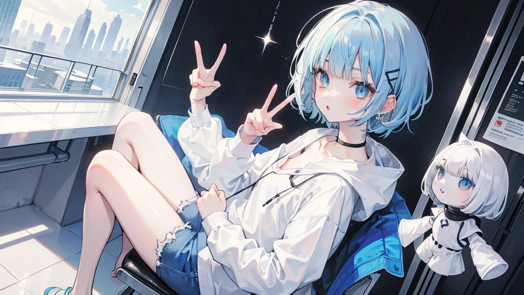 masterpiece, Highest quality, Very exquisite beautiful face and eyes,alone,Beautiful girl,Light blue hair,(((short hair))),((Straight hair)),Blunt bangs,((White eyes)),((puppet)),compensate,Flat Chest,hoodie,Shorts,nail,Hoop Earrings,peace,Happy,Open your mouth,(city),Full Finger