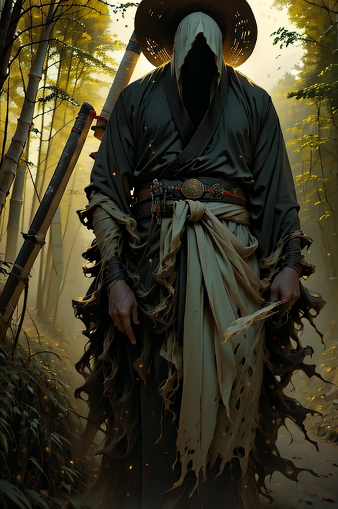 (best quality, 4k, highres, masterpiece:1.2), ultra-detailed, (realistic, photorealistic, photo-realistic:1.37), a man dressed as a samurai stands in the rain, wearing a bamboo hat (kasa) on his head. He is surrounded by a dense forest, alive with the sounds of nature. It's a moonlit night, and the darkness adds to the mysterious ambiance. The man is wearing a black kimono with neon red stripes that glow in the darkness, making him stand out in the scene. His sword (katana) is unsheathed, ready for action in the face of imminent disasters.