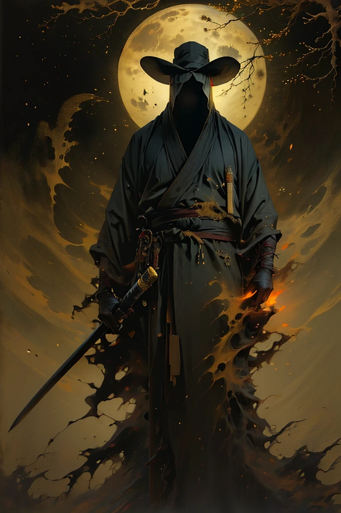 (best quality, 4k, highres, masterpiece:1.2), ultra-detailed, (realistic, photorealistic, photo-realistic:1.37), a man dressed as a samurai stands in the rain, wearing a bamboo hat (kasa) on his head. He is surrounded by a dense forest, alive with the sounds of nature. It's a moonlit night, and the darkness adds to the mysterious ambiance. The man is wearing a black kimono with neon red stripes that glow in the darkness, making him stand out in the scene. His sword (katana) is unsheathed, ready for action in the face of imminent disasters.