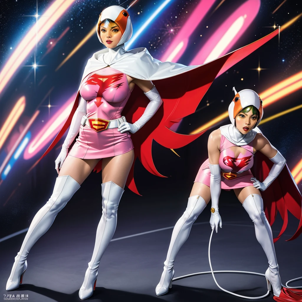 ANI_CLASSIC_jun_gatchaman_ownwaifu,1girl, 15yo,good anatomy, masterpiece, best quality,realistic, hyper realistic, 16k hdr, long hair,breasts,lips,large breasts,lipstick,makeup,gloves,cape,helmet,belt,elbow gloves,white gloves,mask,ultra miniskirt,leotard,spacesuit,white tight overknee highheels boots,pink dress,superhero,bodysuit,cleavage,erected nipples,(stand pose,hands on hip),(spread legs:1.1),cameltoe