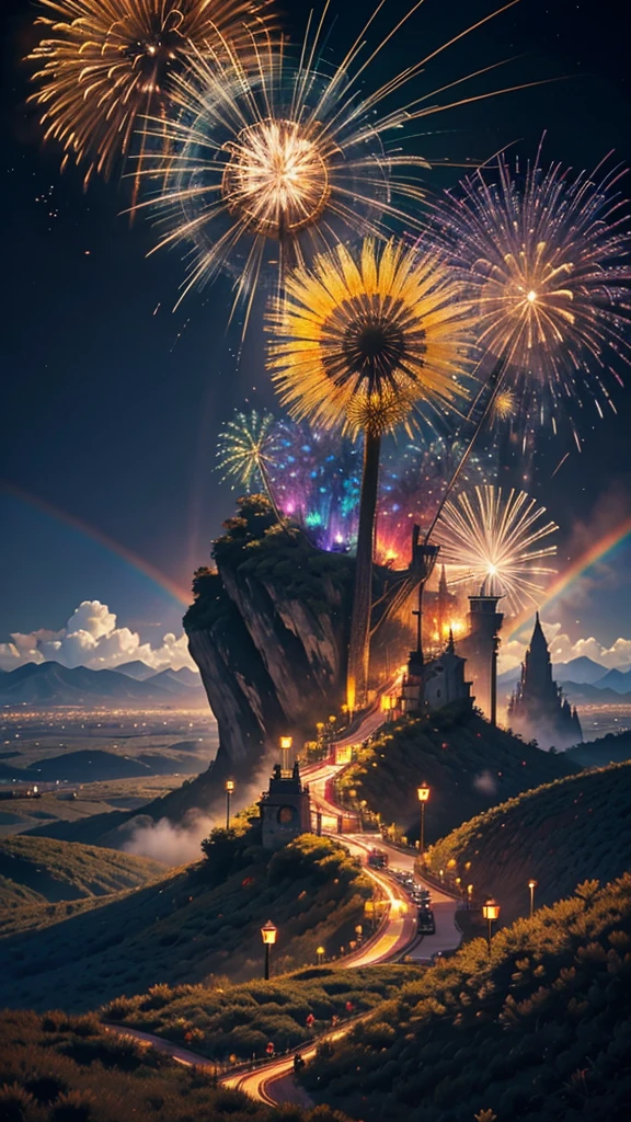Landscape of sunflower field、firework、firework大会、Rainbow colorsのfireworkが打ちあがっている瞬間、夜nullとともに、Cyberpunk Mountain、サイバーパンクなひまわり景色で壮大なfirework、future都市、Highest quality、masterpiece, (Diffuse reflection of light:1.2), When the fantastic rainbow turns into shadow, bathed in a mystical atmosphere.The animals are watching too、 dance, Cast magic spells. evoke a sense of wonder and awe. A fusion of natural grandeur and magic, Weaving dreams into reality. Behold, null, And the unknown, Fleeting、And an eternal moment, 16K, Ultra-high resolution.Realistic, Ultra-high resolution, to be born,future、Rainbow colorsに光り輝く、Rainbow colors、The world 30 years from now。