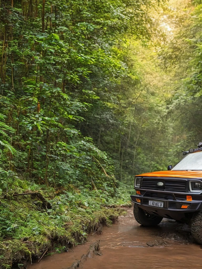 A rugged orange 4x4 vehicle drives through a muddy, rocky path in a lush, green jungle. Rain is falling, and the vehicle is covered in mud. The image is framed by tall trees and mountains in the distance. Write without spelling mistake, The text "ONE LIFE LIVE IT" is superimposed on the image.The mood is adventurous and exciting. The style is realistic and cinematic, with a focus on the vehicle and the natural beauty of the surroundings. The image is shot from a low angle, emphasizing the size and power of the vehicle. The lighting is soft and natural, with a focus on the rain and the lush greenery. The colors are vibrant and saturated, with a focus on the orange of the vehicle and the green of the jungle. The image is rendered in high detail, with a focus on the texture of the mud and the leaves. The background is blurred, drawing the viewer's attention to the vehicle and the path ahead.