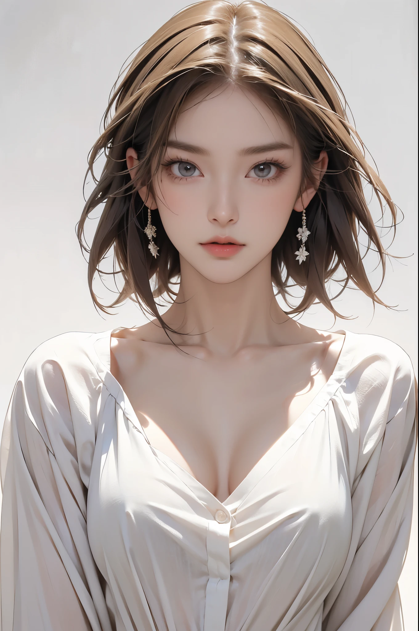 best quality, masterpiece, highres, (award winning), super fine, 16k, incredibly absurdres, extremely, ink painting art, reality, Concept Art, Portraiture, whole body, One woman, Flat Chest, blonde messy bob cut, single sidelock, boyish, White blouse, cute European Caucasian woman, beautiful woman, captivating look, aroused expression, detailed eyes, beautiful face, ((White Background)), ((Blank Background)),
