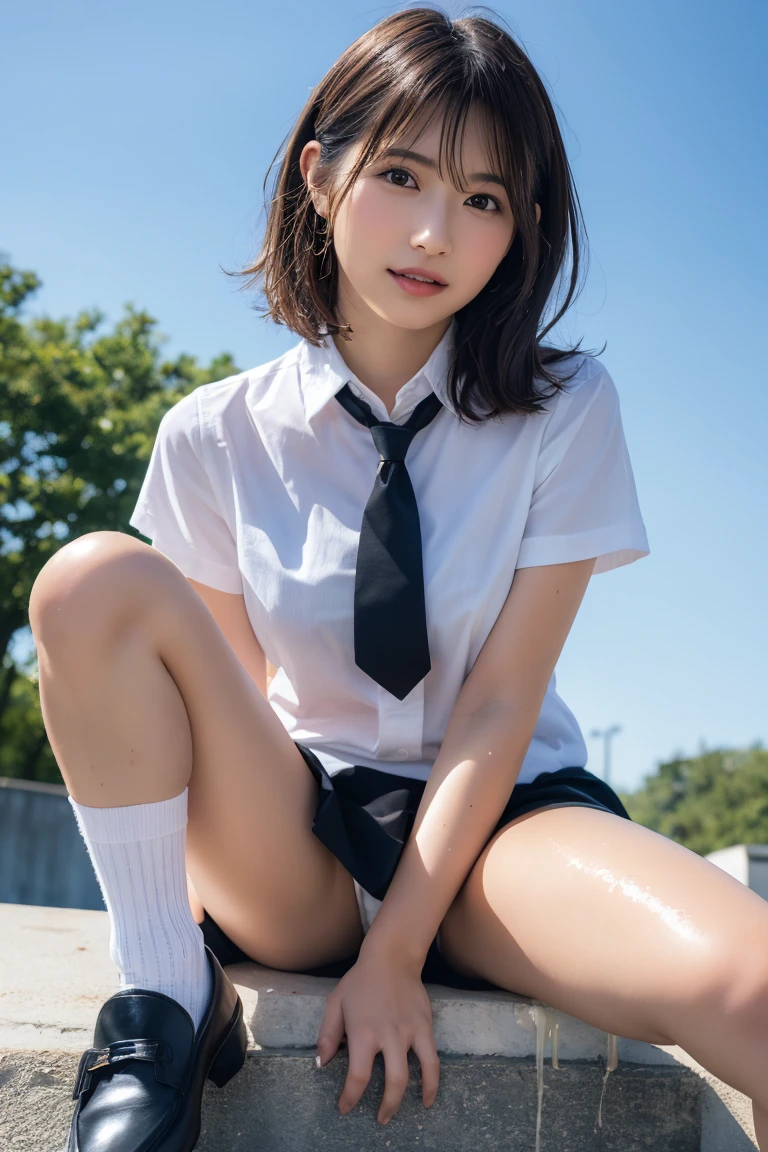 (8K, Highest quality, masterpiece: 1.2), (Realistic, photoRealistic: 1.2), sitting, (Panty shot)))), (Spread your legs)))), alone, Beautifully painted sky, night, wet, Observe the audience, (sit: 1.5), date, future, (Nose brush), smile, Big Breasts, Beautiful Eyes,), (dark blonde: 1), (short hair :1.1), Panty shot, Spread your legs, skirt, , White panties, socks, Black Hair, shirt, Blurred, Blurred background, Knee-length, White shirt, loafers, Realistic, Long Hair, lips, Brown eyes, Black socks, tie, Pleated skirt, bow, headrest, landscape, Outdoor, Brown footwear, masterpiece, Highest quality, Very detailed, ((((Panty shot))), (((Spread your legs))),White liquid splashes on the thigh、A lot of white liquid、 on thighs
