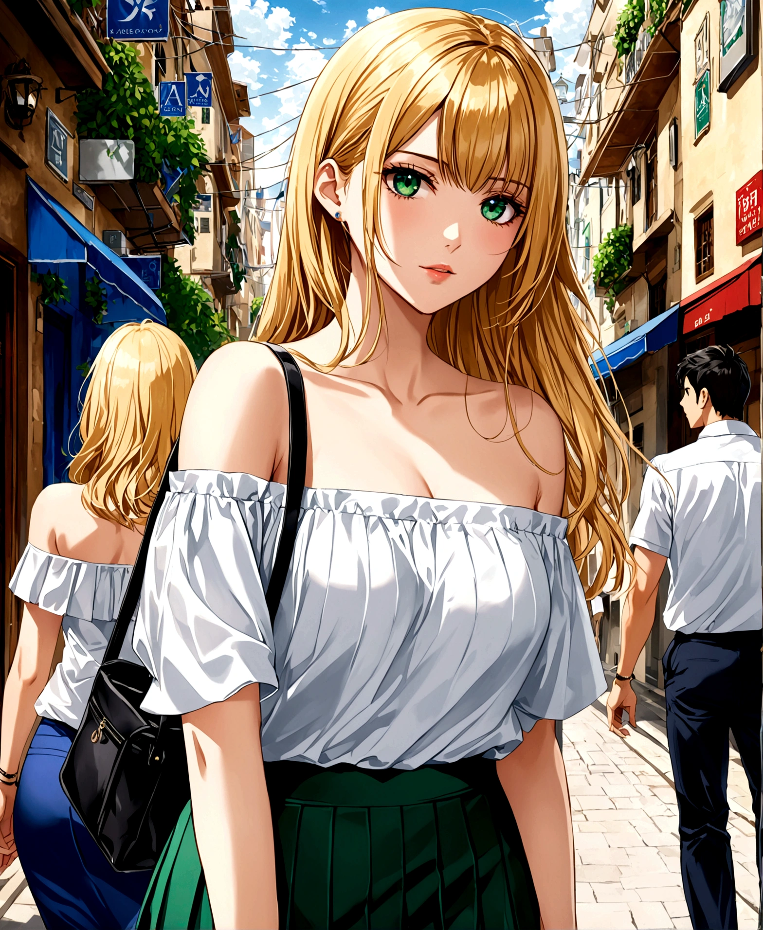 Walking through the streets of the city, with his back turned, looking over his shoulder, /(perfect and detailed hands, highly detailed and perfect fingers, perfect and detailed triangular face, beautiful, perfectly proportioned and highly detailed body,), /(A beautiful European woman with an indifferent expression on her face, 20 years old, straight golden blonde hair, white skin, with perfectly detailed emerald green eyes), /(Casual wear: short dark blue fitted skirt with pleats, white off-shoulder blouse with a tight fit),