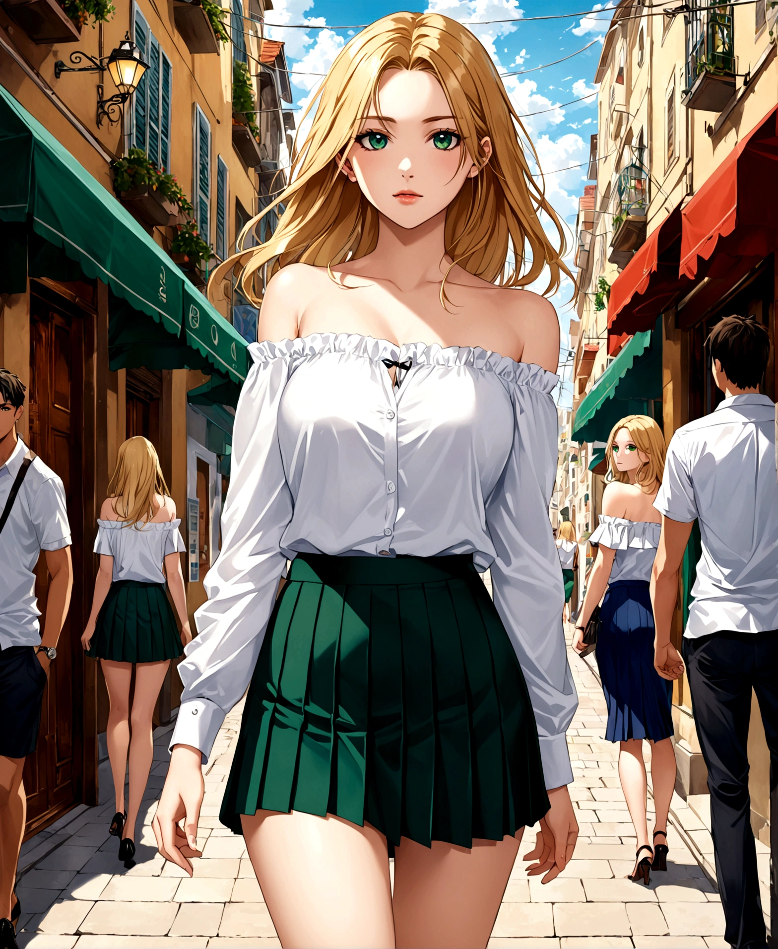 Walking through the streets of the city, with his back turned, looking over his shoulder, /(perfect and detailed hands, highly detailed and perfect fingers, perfect and detailed triangular face, beautiful, perfectly proportioned and highly detailed body,), /(A beautiful European woman with an indifferent expression on her face, 20 years old, straight golden blonde hair, white skin, with perfectly detailed emerald green eyes), /(Casual wear: short dark blue fitted skirt with pleats, white off-shoulder blouse with a tight fit),