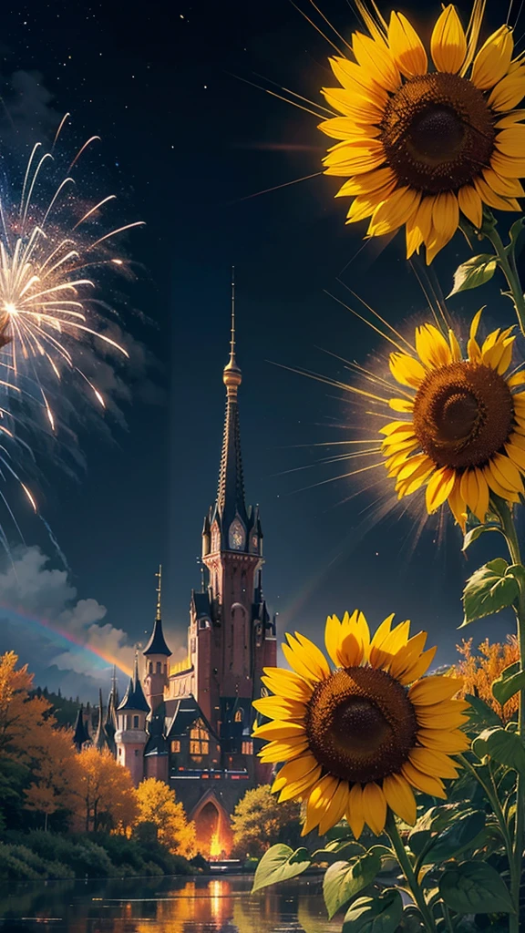 Landscape of sunflower field、firework、firework大会、Rainbow colorsのfireworkが打ちあがっている瞬間、夜nullとともに、Cyberpunk Mountain、サイバーパンクなひまわり景色で壮大なfirework、future都市、Highest quality、masterpiece, (Diffuse reflection of light:1.2), When the fantastic rainbow turns into shadow, bathed in a mystical atmosphere.The animals are watching too、 dance, Cast magic spells. evoke a sense of wonder and awe. A fusion of natural grandeur and magic, Weaving dreams into reality. Behold, null, And the unknown, Fleeting、And an eternal moment, 16K, Ultra-high resolution.Realistic, Ultra-high resolution, to be born,future、Rainbow colorsに光り輝く、Rainbow colors、The world 30 years from now。