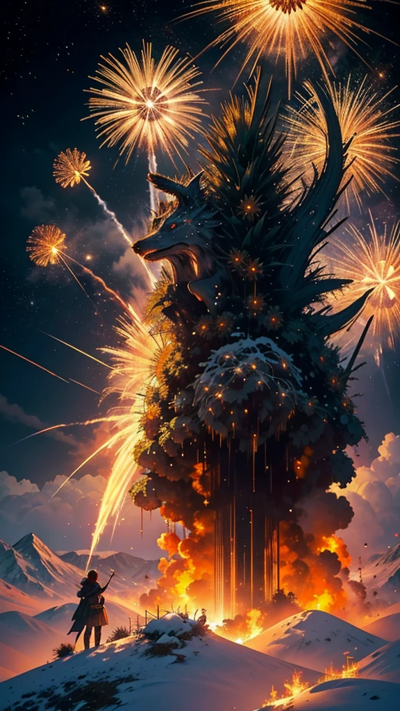 Landscape of sunflower field、firework、firework大会、Rainbow colorsのfireworkが打ちあがっている瞬間、夜nullとともに、Cyberpunk Mountain、サイバーパンクなひまわり景色で壮大なfirework、future都市、Highest quality、masterpiece, (Diffuse reflection of light:1.2), When the fantastic rainbow turns into shadow, bathed in a mystical atmosphere.The animals are watching too、 dance, Cast magic spells. evoke a sense of wonder and awe. A fusion of natural grandeur and magic, Weaving dreams into reality. Behold, null, And the unknown, Fleeting、And an eternal moment, 16K, Ultra-high resolution.Realistic, Ultra-high resolution, to be born,future、Rainbow colorsに光り輝く、Rainbow colors、The world 30 years from now。