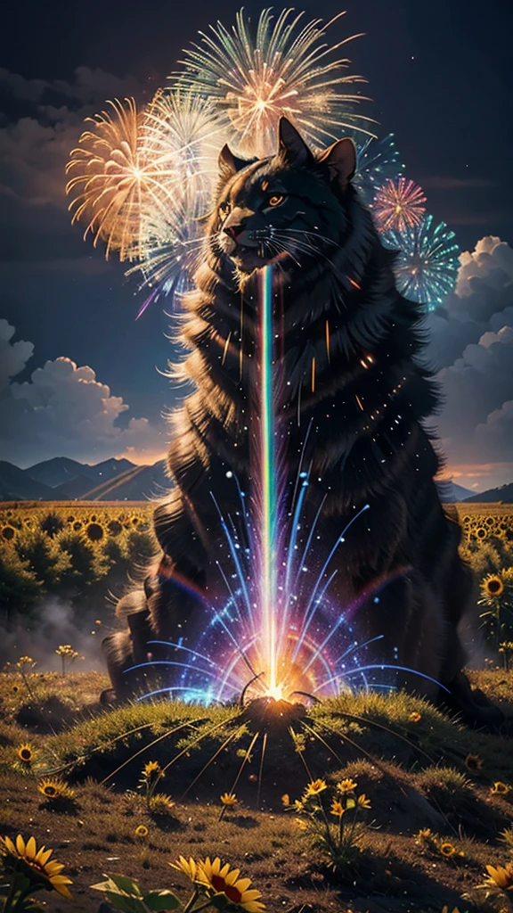 Landscape of sunflower field、firework、firework大会、Rainbow colorsのfireworkが打ちあがっている瞬間、夜nullとともに、Cyberpunk Mountain、サイバーパンクなひまわり景色で壮大なfirework、future都市、Highest quality、masterpiece, (Diffuse reflection of light:1.2), When the fantastic rainbow turns into shadow, bathed in a mystical atmosphere.The animals are watching too、 dance, Cast magic spells. evoke a sense of wonder and awe. A fusion of natural grandeur and magic, Weaving dreams into reality. Behold, null, And the unknown, Fleeting、And an eternal moment, 16K, Ultra-high resolution.Realistic, Ultra-high resolution, to be born,future、Rainbow colorsに光り輝く、Rainbow colors、The world 30 years from now。