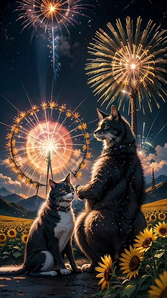Landscape of sunflower field、firework、firework大会、Rainbow colorsのfireworkが打ちあがっている瞬間、夜nullとともに、Cyberpunk Mountain、サイバーパンクなひまわり景色で壮大なfirework、future都市、Highest quality、masterpiece, (Diffuse reflection of light:1.2), When the fantastic rainbow turns into shadow, bathed in a mystical atmosphere.The animals are watching too、 dance, Cast magic spells. evoke a sense of wonder and awe. A fusion of natural grandeur and magic, Weaving dreams into reality. Behold, null, And the unknown, Fleeting、And an eternal moment, 16K, Ultra-high resolution.Realistic, Ultra-high resolution, to be born,future、Rainbow colorsに光り輝く、Rainbow colors、The world 30 years from now。