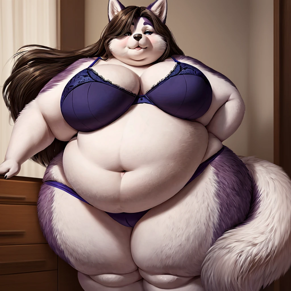 Husky, female, long hair, huge breasts, huge hips, huge thighs, morbidly obese, underwear,fat arms, fat calves,belly rolls,huge belly (SFW), fluffy ,bra, panties, huge belly, curvy,wide silhouette, soft appearance, cute , double chin, chubby cheeks ,saggy breasts,huge ass