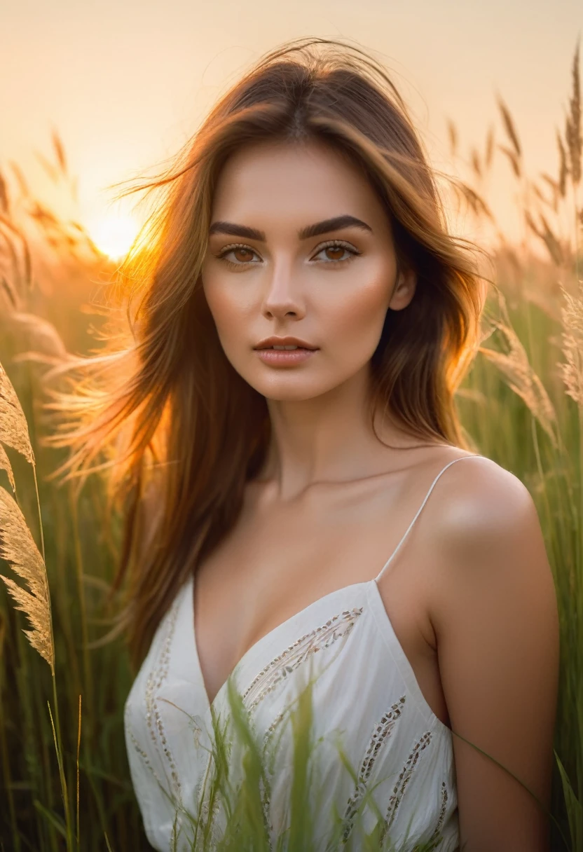 a woman standing in a field of tall grass with the sun setting, gorgeous woman, cinematic beautiful natural skin, attractive woman, attractive girl, photo of a beautiful woman, gorgeous attractive face, extremely beautiful face, in a field, beautiful female model, portrait of a beautiful model, soft portrait shot 8 k, beautiful delicate face, a beautiful young woman, attractive beautiful face
