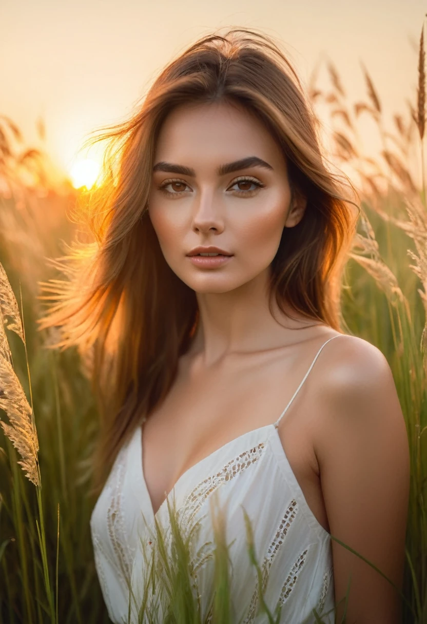 a woman standing in a field of tall grass with the sun setting, gorgeous woman, cinematic beautiful natural skin, attractive woman, attractive girl, photo of a beautiful woman, gorgeous attractive face, extremely beautiful face, in a field, beautiful female model, portrait of a beautiful model, soft portrait shot 8 k, beautiful delicate face, a beautiful young woman, attractive beautiful face
