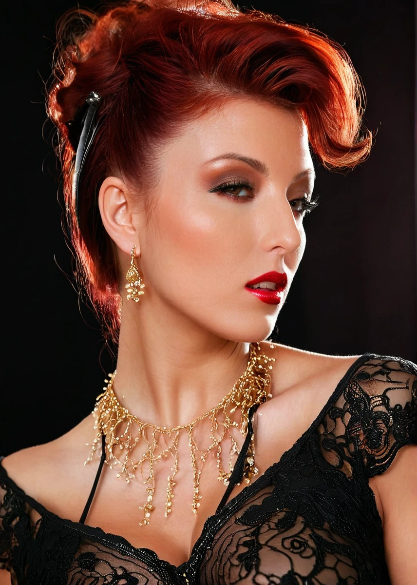 glamorous photo of a captivating masterpiece of an woman in a ((((nue )))) ,long earrings, necklace, half body, The intricate lace and gold details exude a very rebellious aura. ((The use of high-shine gloss adds a touch of glamour to the look)), ((while the deep red and black hues give it a dramatic vibe)), blurred background, studio ligthing, facing camera, shallow depth of field,    high fashion, luxurious, extravagant, stylish, sensual, opulent, elegance, stunning beauty, professional, high contrast, detailed,tétons 