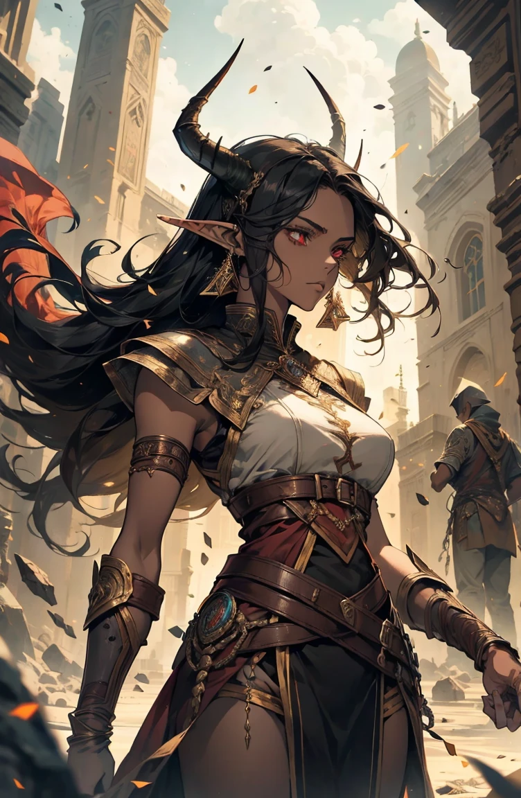 brown skin, older woman, sexy, tall, brown skin, one wing, black hair, elf, elf ears, horns, red eyes, sleeveless, warrior, yellow, dramatic composition