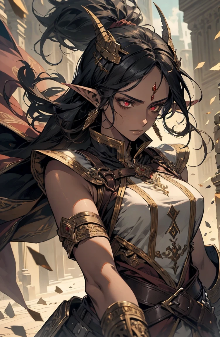 brown skin, older woman, sexy, tall, brown skin, one wing, black hair, elf, elf ears, horns, red eyes, sleeveless, warrior, yellow, dramatic composition