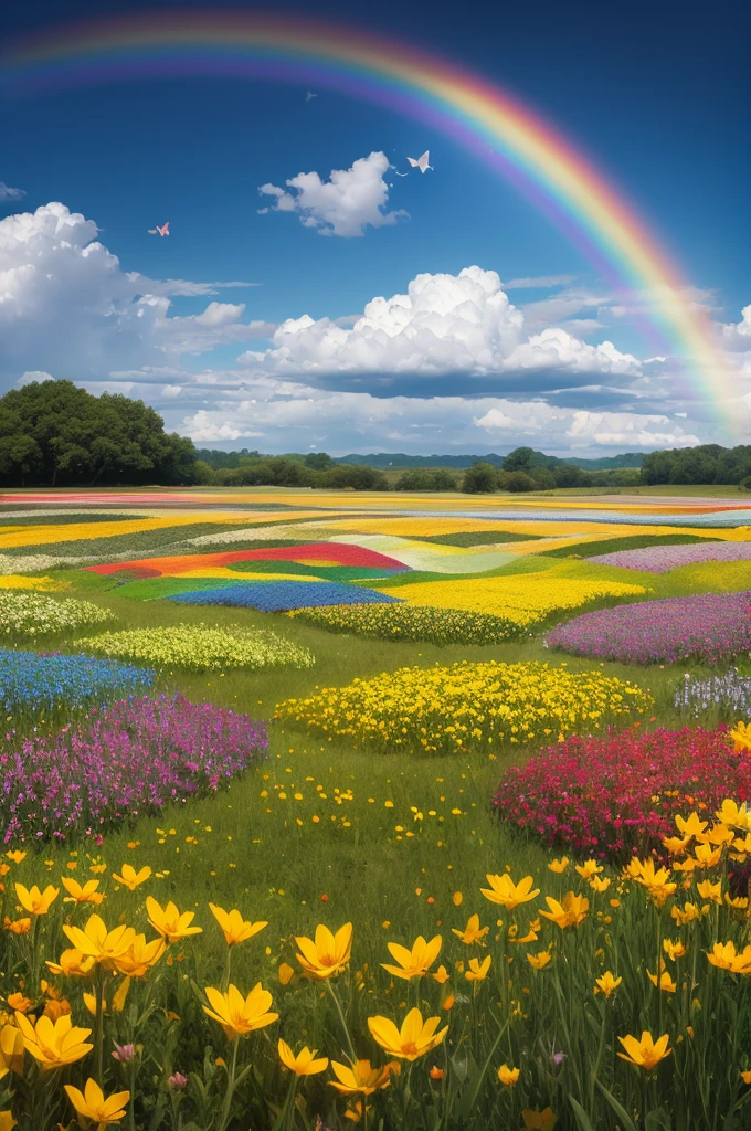 Field of flowers with butterflies and a rainbow 
