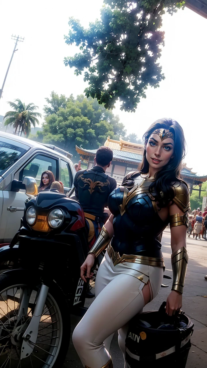 Gal Gadot as Wonder Woman standing in front of a temple full of Amazons,surrounded by Amazon warriors