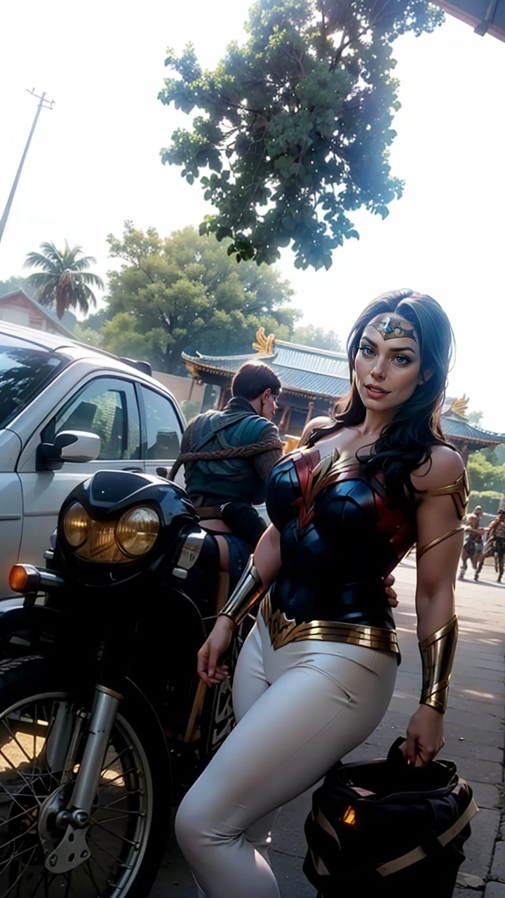 Gal Gadot as Wonder Woman standing in front of a temple full of Amazons,surrounded by Amazon warriors