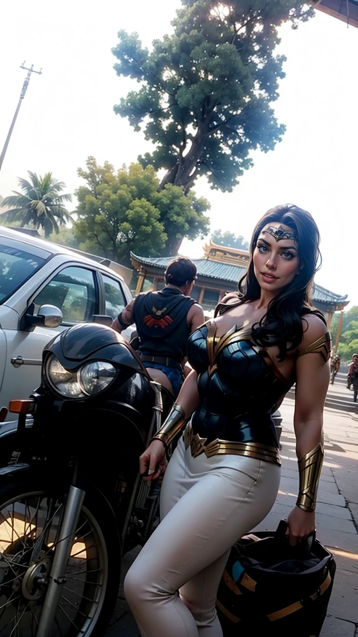 Gal Gadot as Wonder Woman standing in front of a temple full of Amazons,surrounded by Amazon warriors