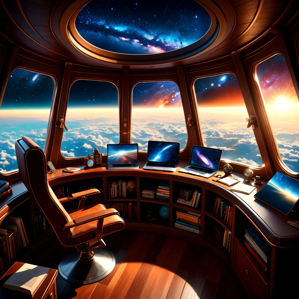 Spectacular views of the galaxy from an airship cabin, (Ultra-high resolution,8K),Fantasy, The world of picture books