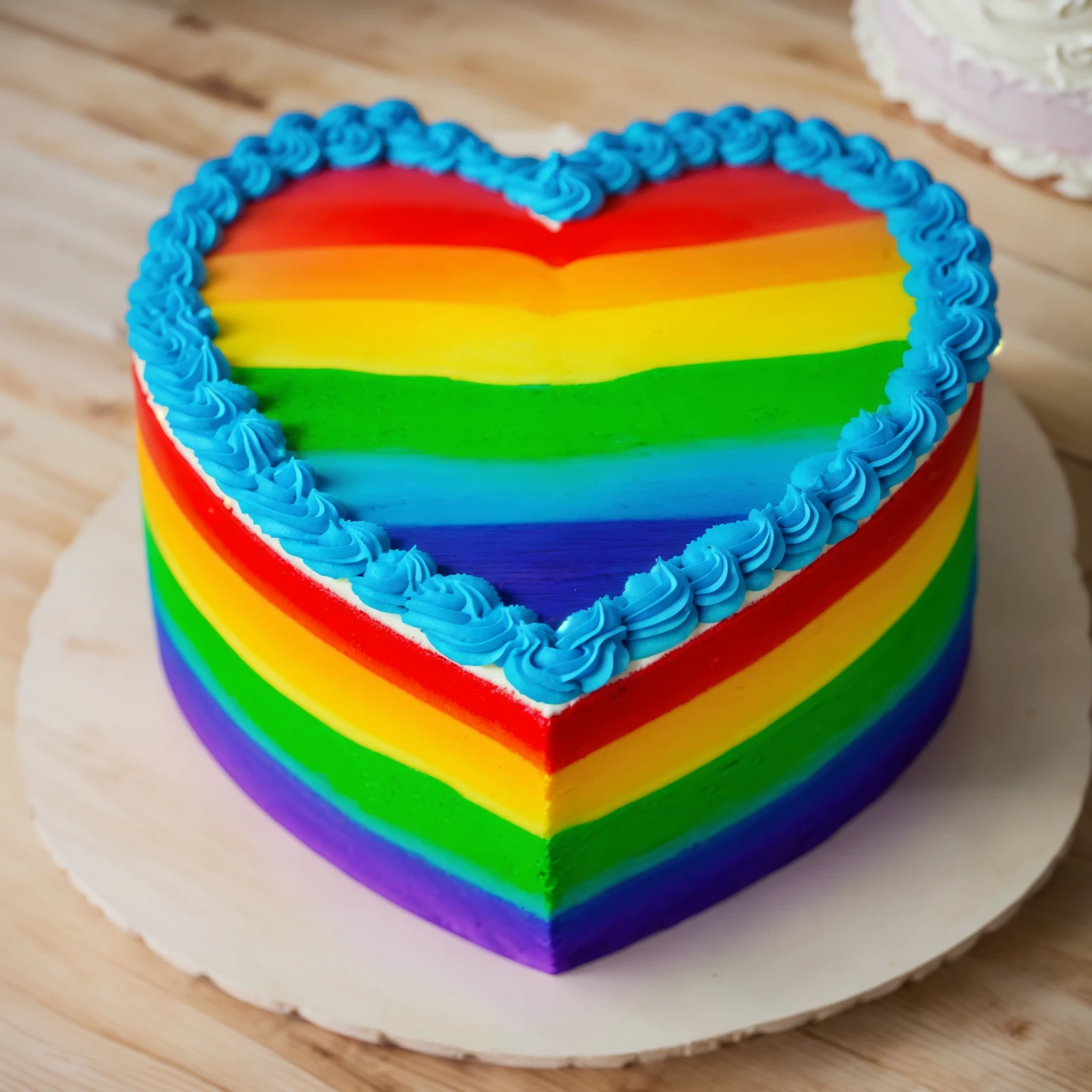 on a wooden table, worth a heart shaped cake, rainbow gradient cream cake, Cream cake , cream texture, Realistic style, realistic texture, bright lighting, high quality, detailed texture, Beautiful light from the window, beautiful lighting, high detail, ultra 4k hd