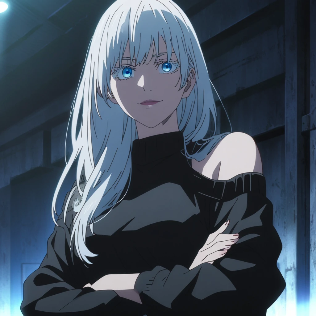 1girl, female gojo satoru, anime screencap from jujutsu kaisen, gojo satoru female version, solo, long_hair, blue eyes, ((white eyelashes)), ((white_hair)), night view, breasts, upper_body, smile, indoors, book, bangs, blue_eyes, lips, (wearing round sunglasses) , ((her hairstyle : The character in the image has long straight white hair, hair on her shoulder )) wearing black color sweater off the shoulder, breast, "very detailed and high resolution" (blue eyes) ((cross arms)) ((long hair)) ((solo)) ((high resolution)) ((upper body)) (Good quality)