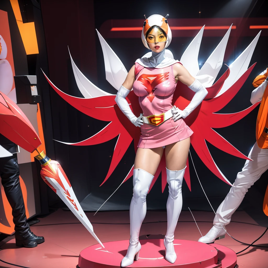 ANI_CLASSIC_jun_gatchaman_ownwaifu,1girl, yo,good anatomy, masterpiece, best quality,realistic, hyper realistic, 16k hdr, long hair,breasts,lips,large breasts,lipstick,makeup,gloves,cape,helmet,belt,elbow gloves,white gloves,mask,ultra miniskirt,leotard,spacesuit,white tight overknee highheels boots,pink dress,superhero,bodysuit,cleavage,erected nipples,(stand pose,hands on hip),(spread legs:1.1),cameltoe