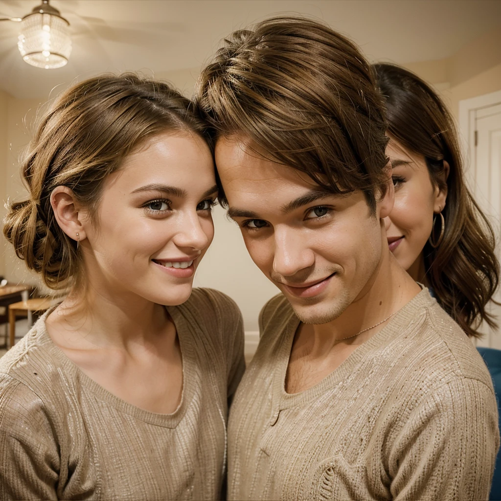 An illustration of an adorable couple, Spotlight on a smiling skinny brunette man and a blonde woman with beautiful expressive brown eyes - the man's skin is light and the man's hair is pulled back, while the woman's skin is fair and the woman's hair is blonde, smooth and long. They are a bright room, each with a smile on their face, and share a special moment characterized by love, Perceptions. Illustrate this scene from a perspective where they are facing the camera, Smiling and showing your connection. Develop this art in Full HD, Focus on your cinematic flair, Estilo Disney Pixar Animations