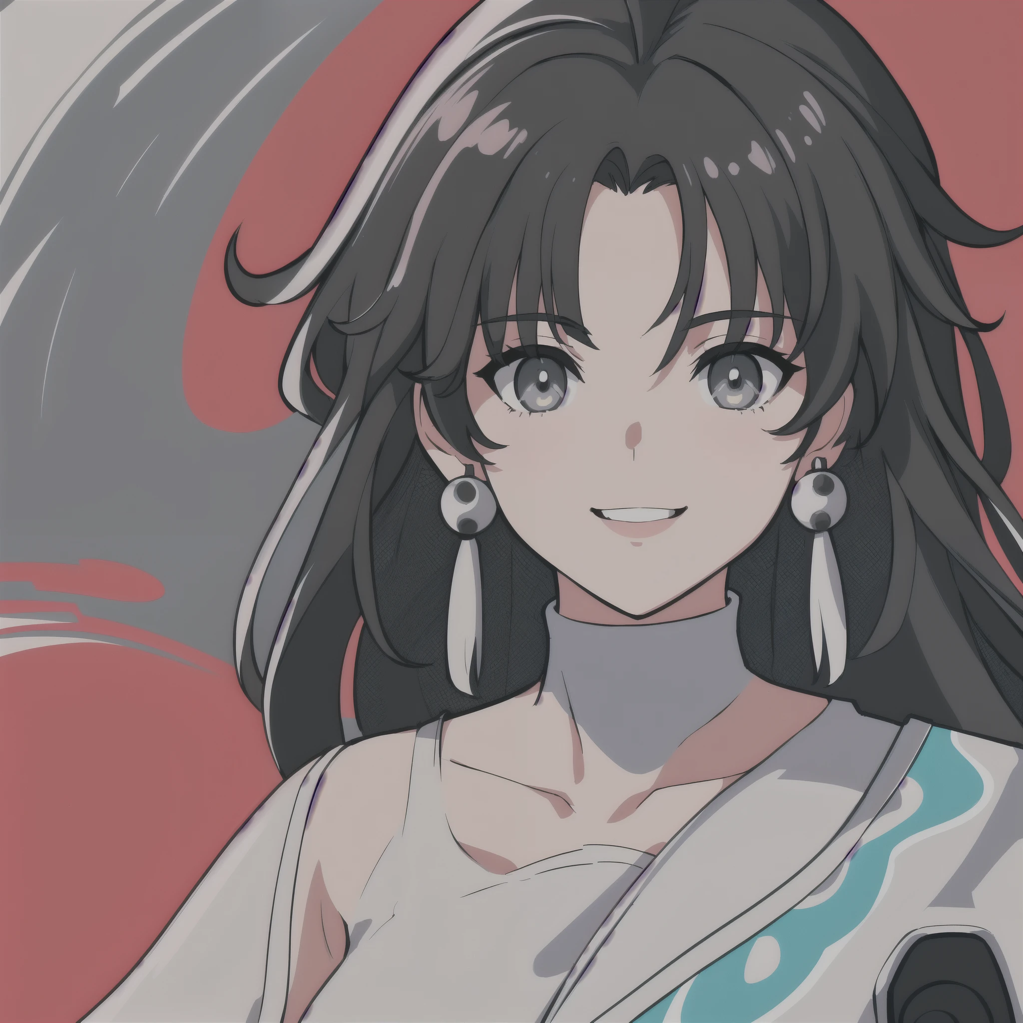 anime girl, smiling, black hair, white highlights, jianxin, wuthering waves, jianxin wuthering waves, grey eyes, white tank top, 1girl, masterpiece, (beautiful and aesthetic:1. 5), thick black lineart, clean lineart, perfect lineart, variable lineart, thick lineart, clean anime outlines, intense line art, bold lineart, sharp lineart, heavy lineart, line art, best quality, high quality, high details, super detail, best quality, ultra-detailed, colourful, saturated colours, dynamic lighting, HD,