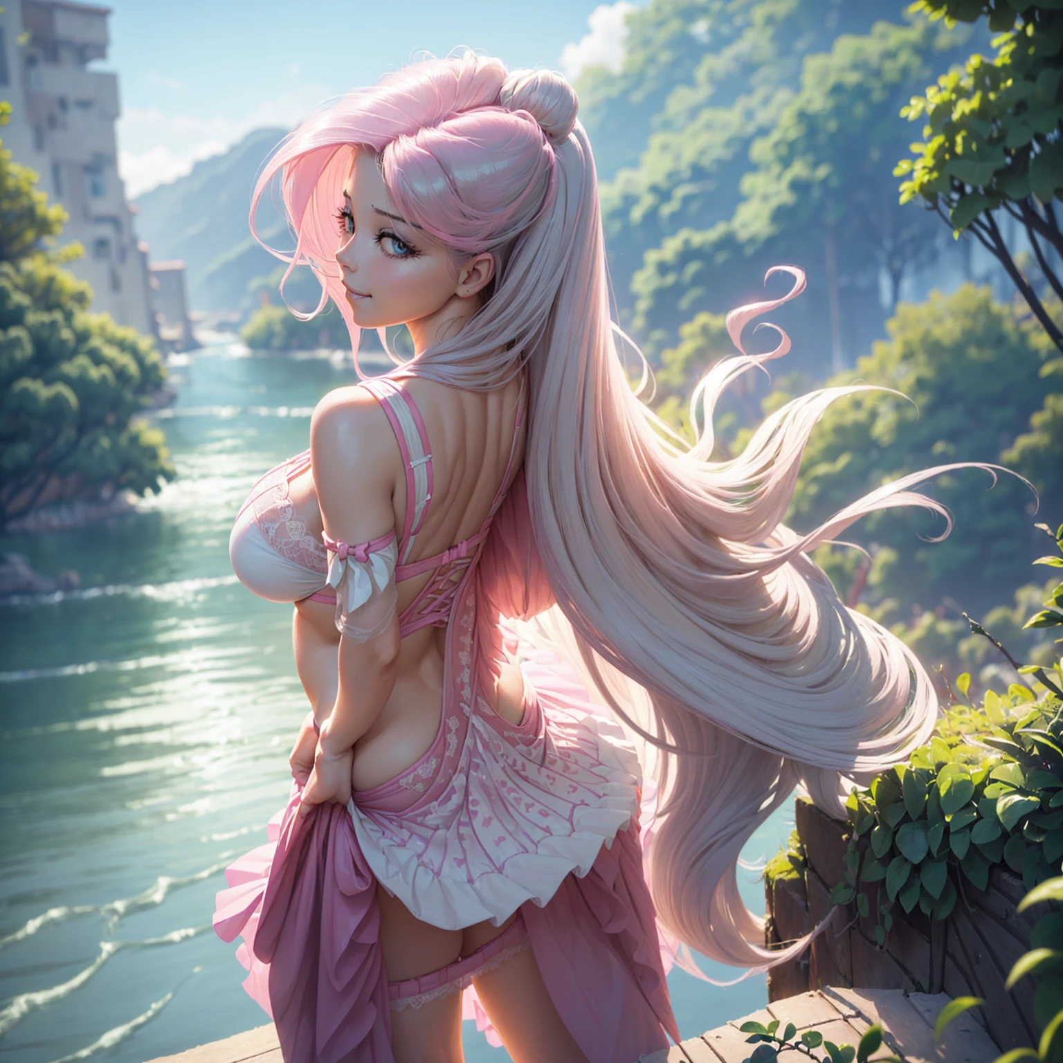 fluttershy as a girl , (((very long hair))) , (((perfect body))) , (((((wind blowing very long hair))))), out door ,forest, (river in background) , (((standing bending showing her butt))), (((hands on butt))), (((happy smile))) ,(((wear pink sheer lace transparent bra and skirt))) , (((upskirt))) , sexy pose , (((lewd and erotic)))) , (((no underwear))) ,((( a picture of lust))) , breasts are visible , wear high heels , (((sexy pose))) , sexy face, bracelets , big breasts , lush breasts , Bulky Breasts , voluminous breasts ,look at to viewer , (((eye contact))) , (((side back view))) , behind her ,(((((head turn back to watch the viewer)))))