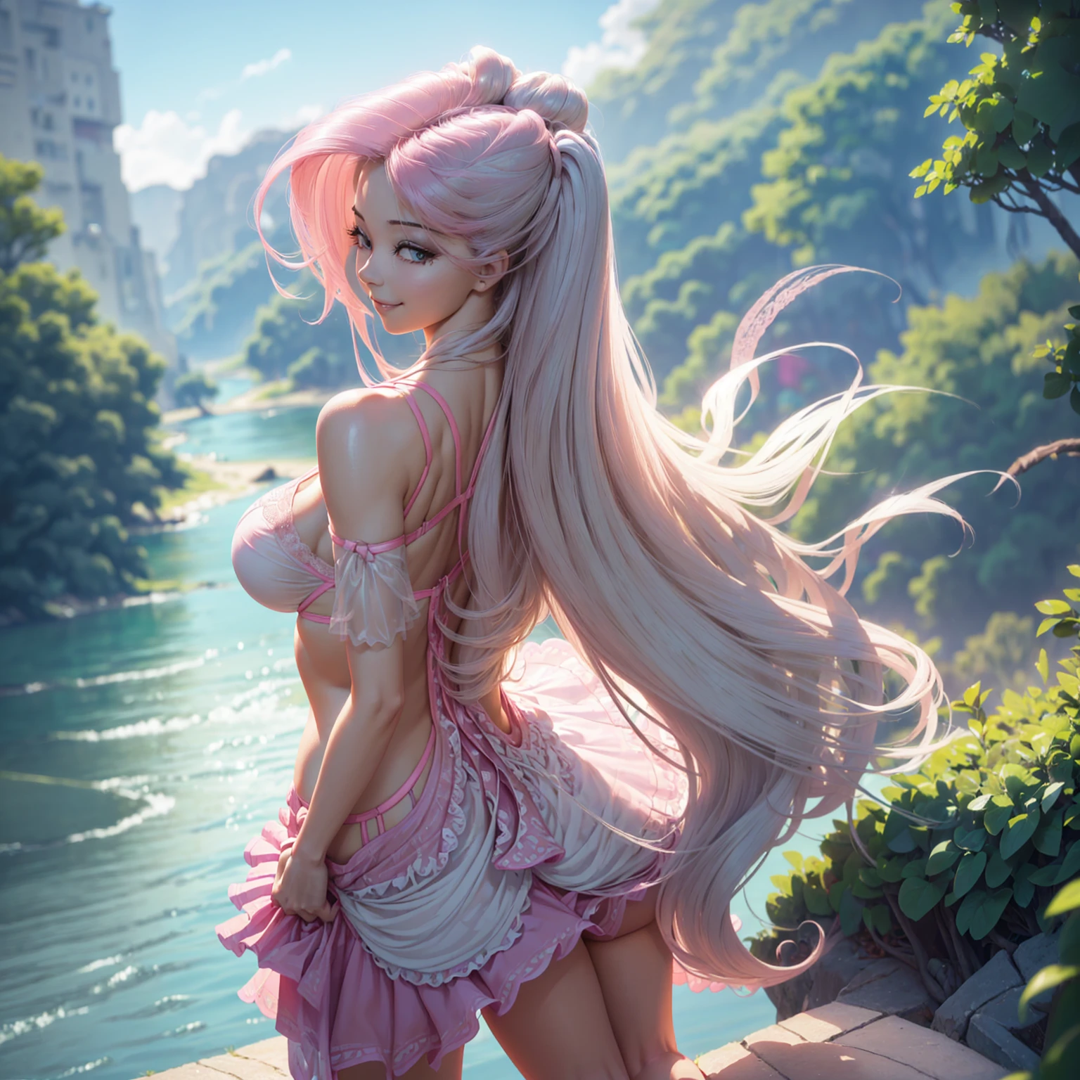 fluttershy as a girl , (((very long hair))) , (((perfect body))) , (((((wind blowing very long hair))))), out door ,forest, (river in background) , (((standing bending showing her butt))), (((hands on butt))), (((happy smile))) ,(((wear pink sheer lace transparent bra and skirt))) , (((upskirt))) , sexy pose , (((lewd and erotic)))) , (((no underwear))) ,((( a picture of lust))) , breasts are visible , wear high heels , (((sexy pose))) , sexy face, bracelets , big breasts , lush breasts , Bulky Breasts , voluminous breasts ,look at to viewer , (((eye contact))) , (((side back view))) , behind her ,(((((head turn back to watch the viewer)))))