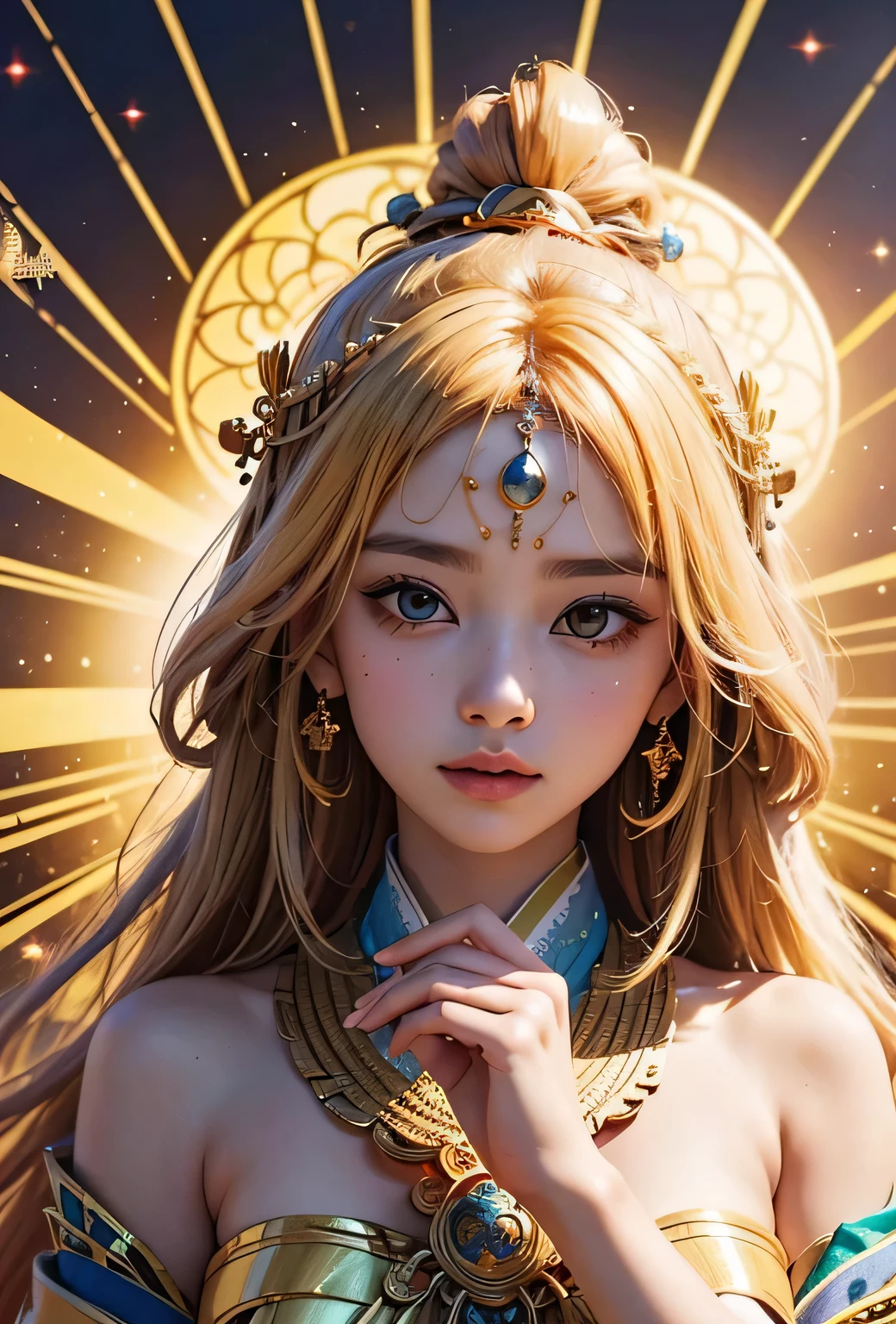 "Child of the Sun, Goddess of Love": Within a sacred sanctuary bathed in sunlight, depict the figure of a sun goddess who governs love, facing forward and emanating divine radiance. She is a , around 3 years old. Zoom in to focus on her face, with a gleaming orb of light in her hands, representing the life-giving power of the sun. Her hair is shimmering gold, and she is wearing a traditional miko outfit as seen in Japanese shrines. The background should be predominantly gold, evoking a sense of divine splendor, with numerous heart-themed objects expressing the beauty of love. The setting is in heaven, enveloped in soft, bright light, where one can find tranquility and peace of mind, free from any trace of anxiety.Straight-on.