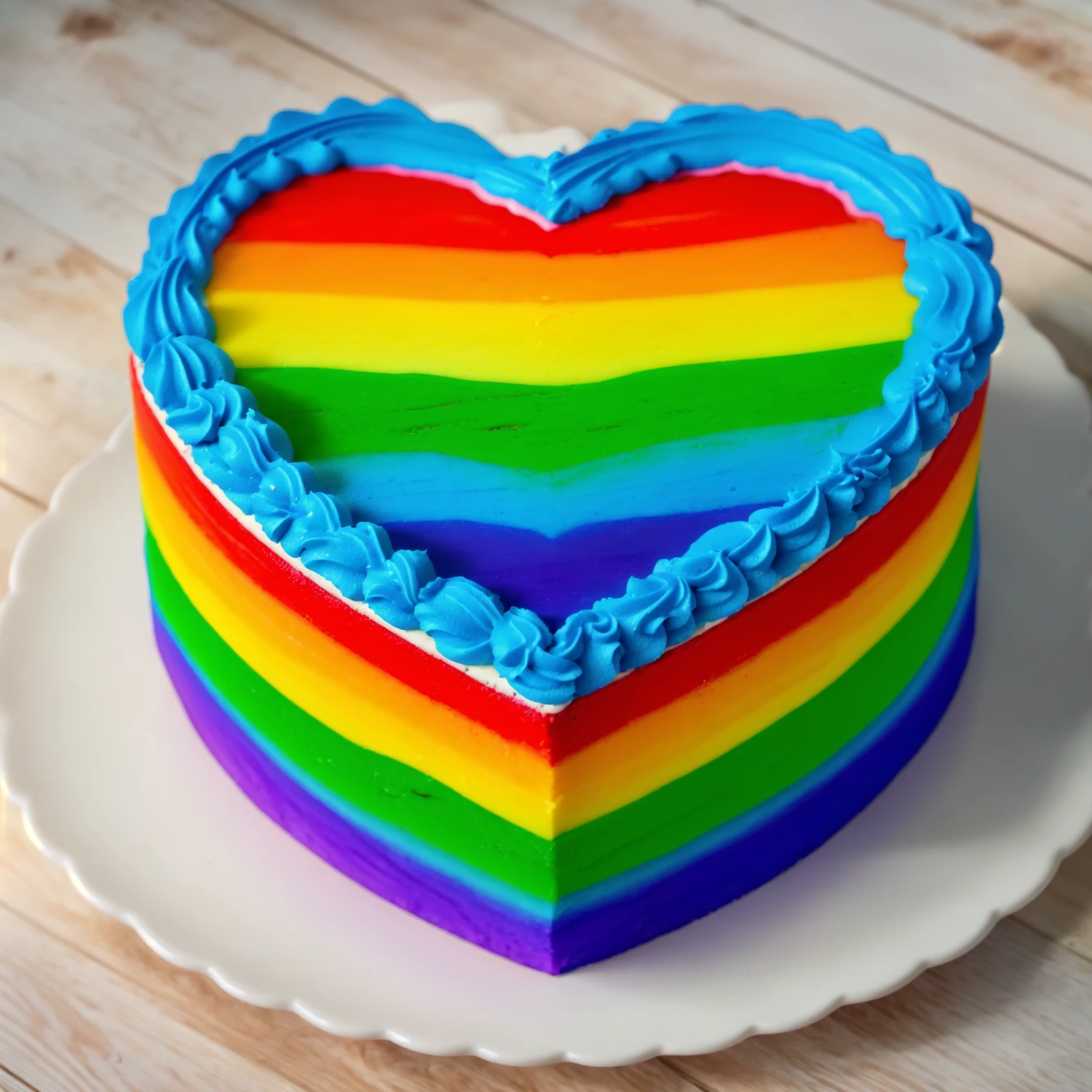 on a wooden table, worth a heart shaped cake, rainbow gradient cream cake, Cream cake , cream texture, Realistic style, realistic texture, bright lighting, high quality, detailed texture, Beautiful light from the window, beautiful lighting, high detail, ultra 4k hd