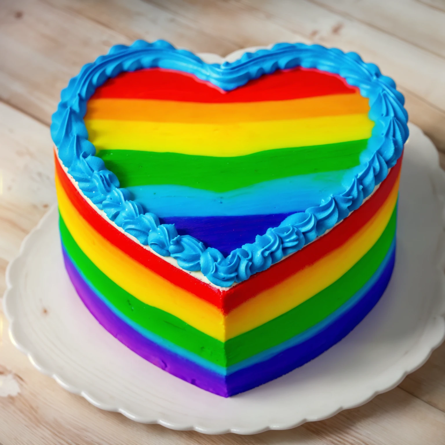 on a wooden table, worth a heart shaped cake, rainbow gradient cream cake, Cream cake , cream texture, Realistic style, realistic texture, bright lighting, high quality, detailed texture, Beautiful light from the window, beautiful lighting, high detail, ultra 4k hd