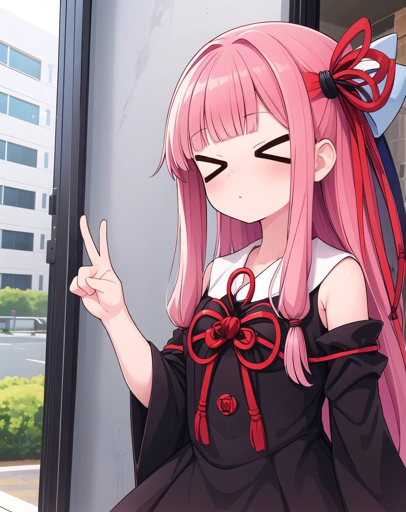 (masterpiece, Highest quality:1.2), alone, One girl, Kotonoha Akane,View your viewers, Hair Ribbon, Black Dress, Removable sleeves, Wide sleeves, Bare shoulders,In front of a modern apartment building,peace_sign:1.2