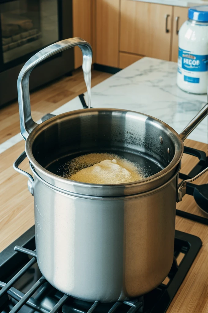 Image of a saucepan containing cornstarch, glycerin, vinegar and water on a stove 