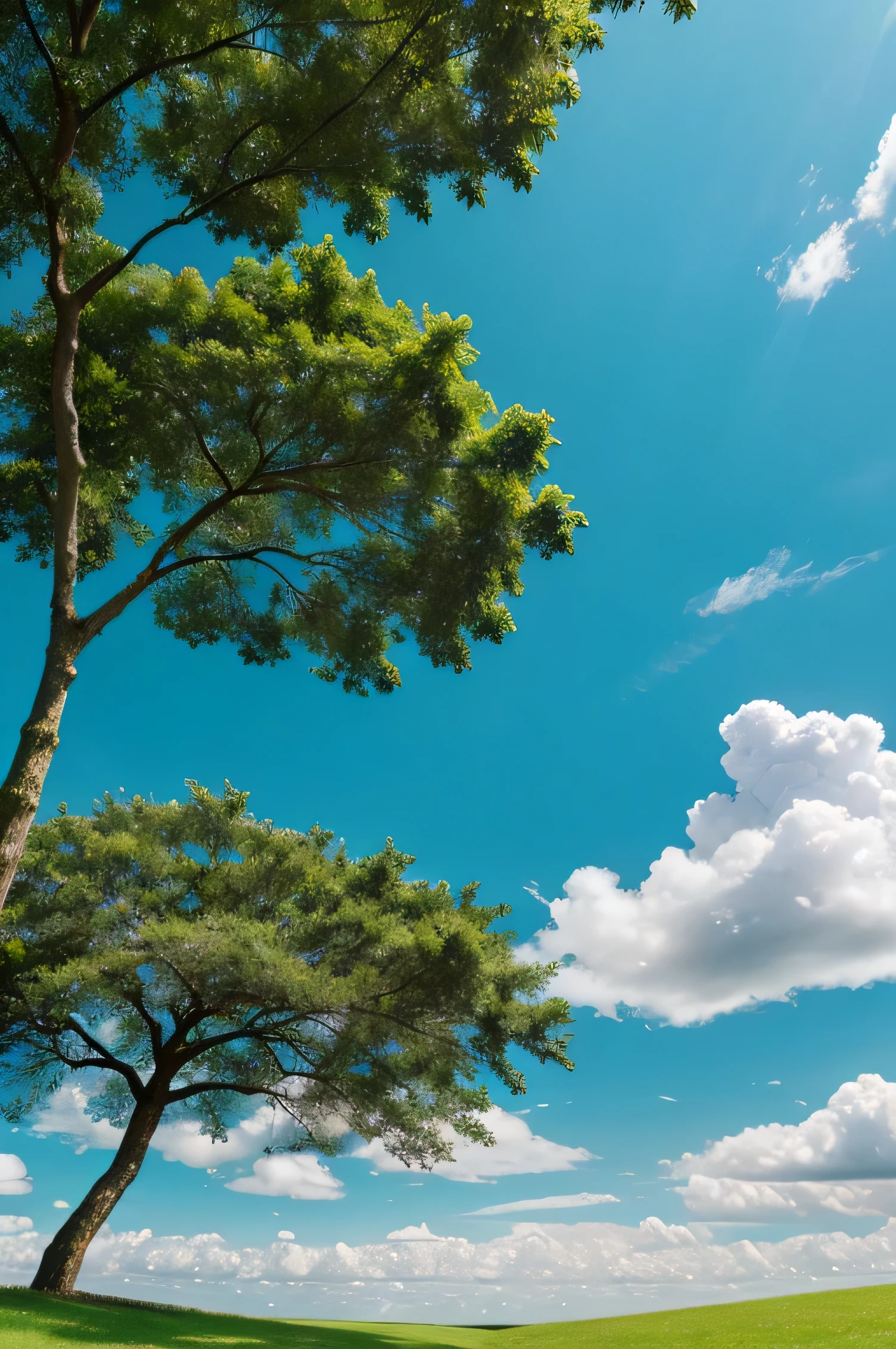 An clear sky with white clouds,below green grass lands,Lush tree canopies,