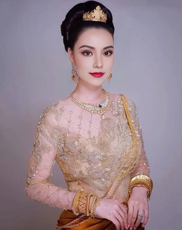 a close up of a woman in a pink dress with a gold ผ้าคลุมไหล่, Sukhothai dress, traditional beauty, Covered with purple and gold silk., Decorated with purple and gold silk., Niwan Chandra, traditional art, ผู้หญิงlong hairชาวเอเชียตะวันออกเฉียงใต้ที่มีใบหน้ากลม, Large bust measures 38 inches., Warm light, morning sun, long hair,black eyes,abdominal muscles, The body is beautiful and strong., thick hips, rounded chest, (digital painting, HDR, high contrast), 3d, 8K, 45,000,000 pixcls,Asian girl, Gorgeous Chinese model, Japanese model, beautiful asian woman, Japanese goddess, Very beautiful girl., beautiful young woman, very beautiful woman, Attractive and beautiful, sexy girl, Asian girl, beautiful female model, jaw-dropping beauty, Attractive, sexy, seductive face and body