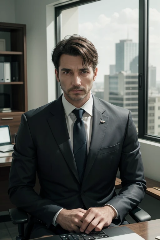 (absurderes, high resolution, ultra detaild), 1 men, grown-up, 45 years old, bonitas, tall, muscular face, broadshouldered, finely-detailed eyes, short black hair, eyes browns, suit and ties, sitting in a fancy office chair behind a black desk with his state-of-the-art laptop open in front of him, inside an office with large glass windows, looking like the buildings outside, there is plenty of sunlight in the room