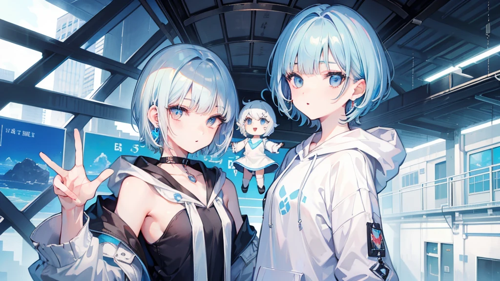 masterpiece, Highest quality, Very exquisite beautiful face and eyes,alone,Beautiful girl,Light blue hair,(((short hair))),((Straight hair)),Blunt bangs,((White eyes)),((puppet)),compensate,Flat Chest,hoodie,Shorts,nail,Hoop Earrings,peace,Happy,Open your mouth,(city),Full Finger