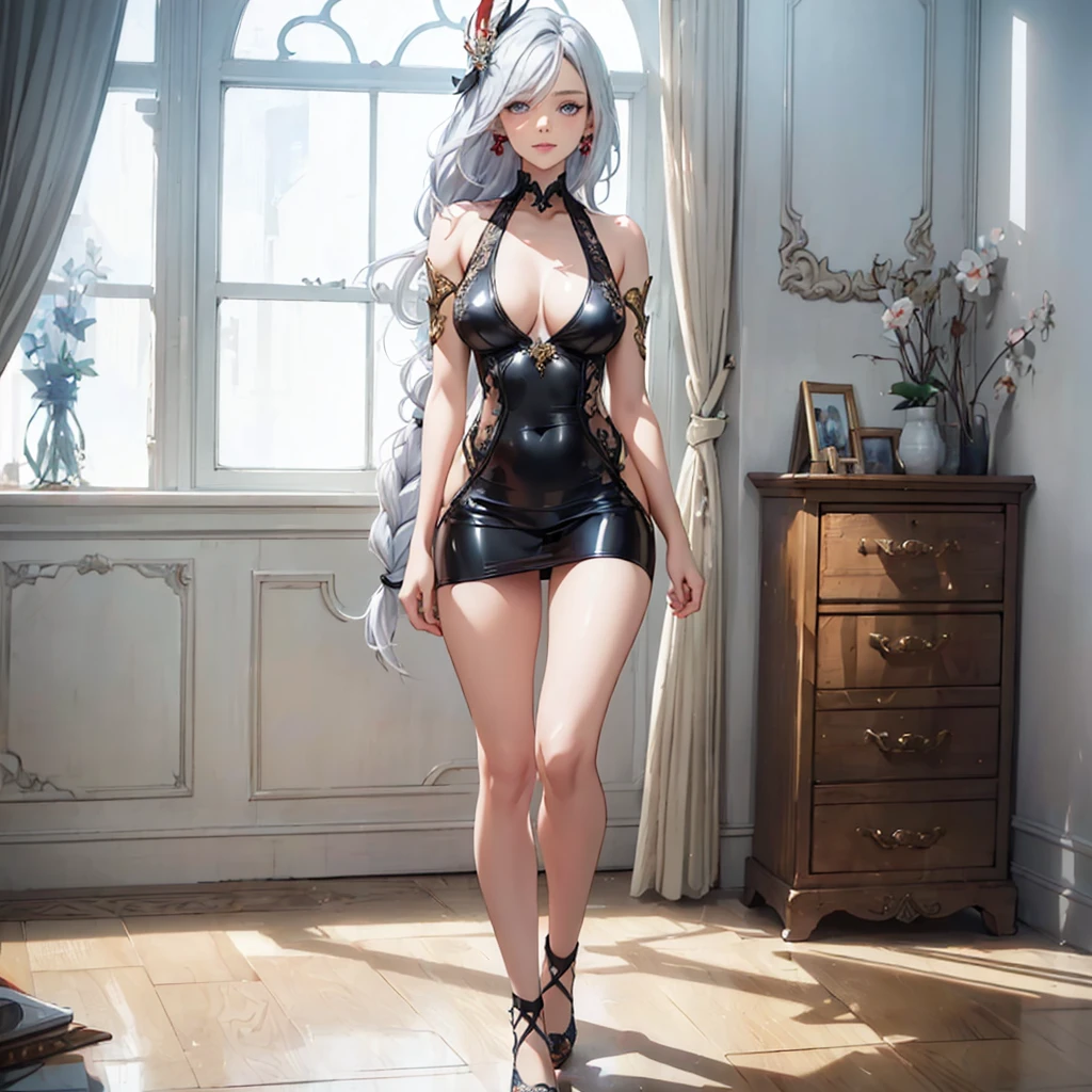 ((1girl, solo)), beautiful body, (perfect anatomy, perfect body, perfect hands, perfect legs), natural proportions, sexy body, large breasts, ((full body, full body front)) BREAK
((extremely detailed face)), (beautiful detailed eyes:1.6), (realistic pupils, realistic iris:1), expressive eyes, looking at viewer, (clear eyes:1.3), (hyperrealistic:1.2), (detailed skin texture:1.2), smooth skin, ((silver white hair)), long hair, ((very long hair)), braid, (braided ponytail:1.3), bangs, parted bangs, hime cut, ((hair over right eye)), eyes visible through hair, ((red tassel earrings)), ((hair tie)), hair ornament, ((mature female)), ((little smile)), (detailed lips:1.2), (attractive lips:1.1), (glossy lips:1), parted lips, perfect face, perfect eyes BREAK
(masterpiece:1.5), anime-style, top quality, best quality, (beautiful and aesthetic:1.2), (ultra detail:1.5), Ultra-detailed depiction, Ultra-precise depiction, extremely detailed 8k illustration, high resolution, (highly detailed shading:1.2), (realistic lighting:1.4), perfect lighting, vibrant colors, dynamic tones, striking hues, 8k, absurd resolution, perfect shadows, hdr, UHD, ambient lighting, realistic, ultra-realistic, photo realistic, highly detailed, rich detail, luminous colors, fine texture, intricate design, professional illustration, (soft light:1.2), (illustration:0.7)