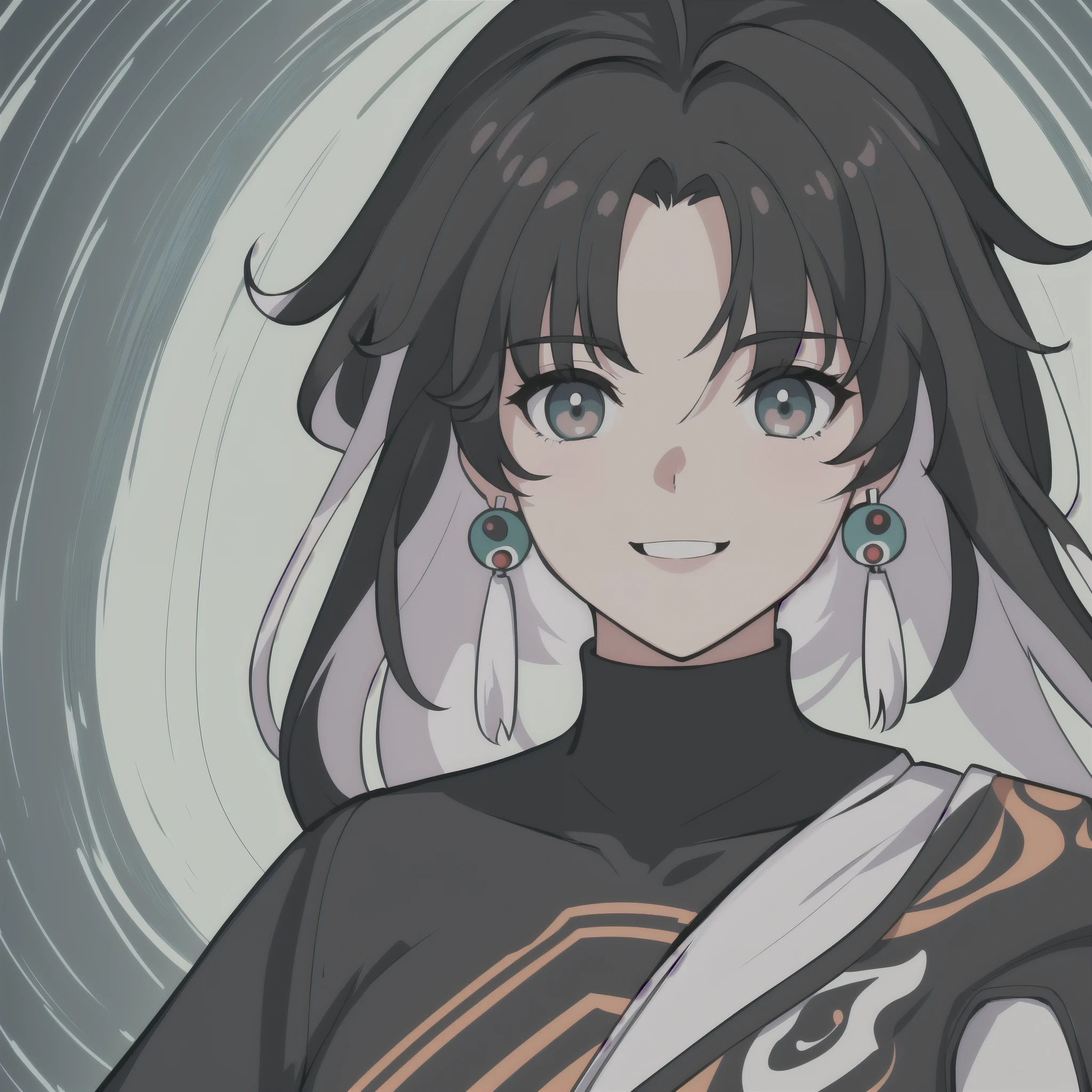 anime girl, smiling, black hair, white highlights, jianxin, wuthering waves, jianxin wuthering waves, grey eyes, green shirt, 1girl, masterpiece, (beautiful and aesthetic:1. 5), thick black lineart, clean lineart, perfect lineart, variable lineart, thick lineart, clean anime outlines, intense line art, bold lineart, sharp lineart, heavy lineart, line art, best quality, high quality, high details, super detail, best quality, ultra-detailed, colourful, saturated colours, dynamic lighting, HD,