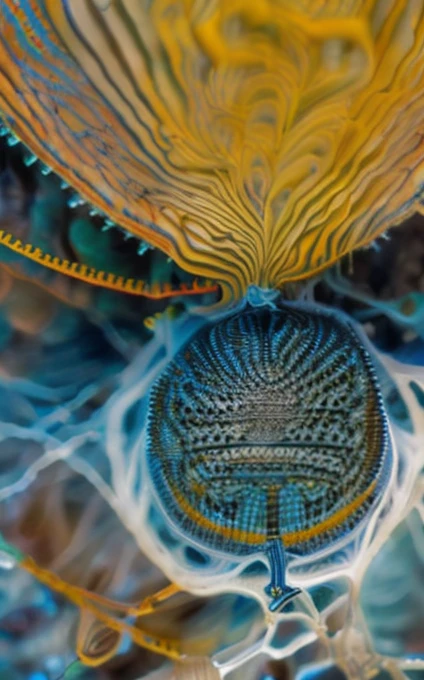 an intricate lymphatic system made of white and black is shaping the figure of the priestess of the silver star, the priestess is sitting before a veil between two pillars,female, uniting intelligence,dominant cold pale blue, silver, blue and silver rayed sky blue tonality, fractal, brilliant colours, masterpiece, highly detailed, 4k resolution, 3d modelling, digital art