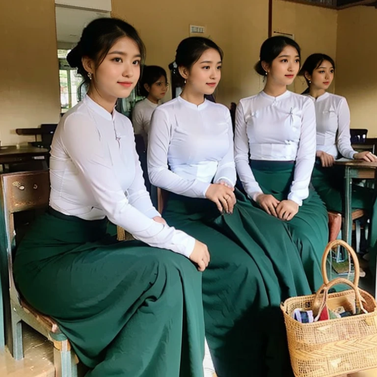 2 school teachers is 30years old.Tall, thin, big hips, big breasts, black hair, small lips, brown eyes, attractive, K.Top=white Burmese blouse,With long sleeves,Buttoned at the side.Bottom=(Dark green) long skirt.
Footwear=female Burmese sandals,The hair is knotted bun.The teacher is holding a book.