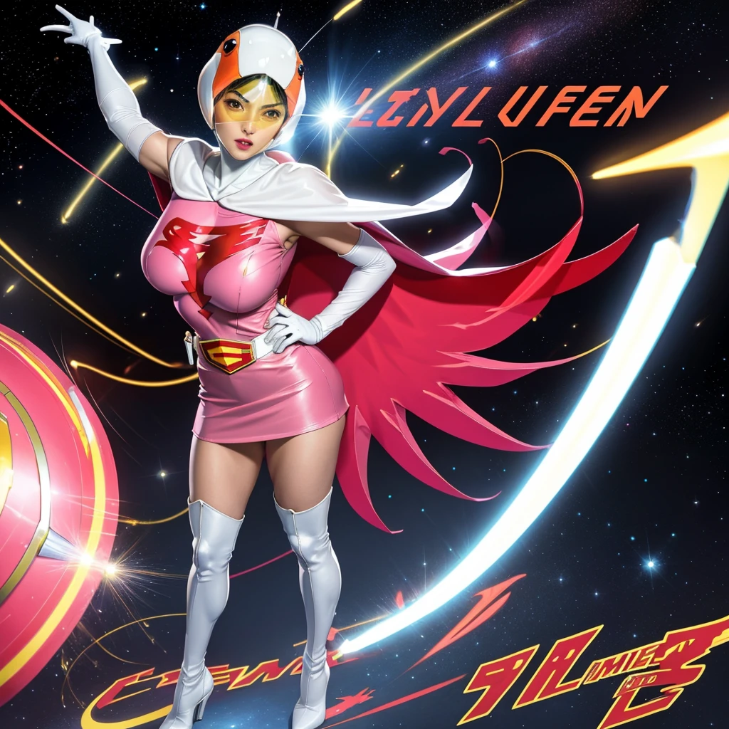 ANI_CLASSIC_jun_gatchaman_ownwaifu,1girl, 16 years old,good anatomy, masterpiece, best quality, realistic, hyper realistic, 16k hdr,large breasts, lipstick, makeup, gloves, cape, helmet, belt, elbow gloves, white gloves, mask, ultra miniskirt, leotard, spacesuit, white tight overknee highheel boots, pink dress, superhero, bodysuit, cleavage, erected nipples(stand pose,hands on hip),(spread legs:1.1),cameltoe