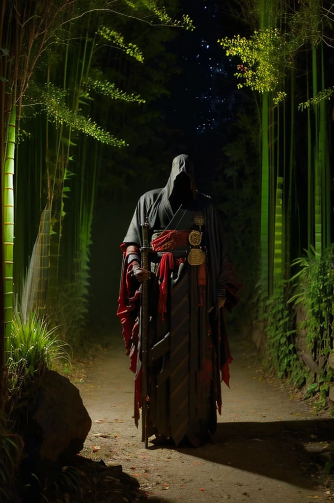 (best quality, 4k, highres, masterpiece:1.2), ultra-detailed, (realistic, photorealistic, photo-realistic:1.37), a man dressed as a samurai stands in the rain, wearing a bamboo hat (kasa) on his head. He is surrounded by a dense forest, alive with the sounds of nature. It's a moonlit night, and the darkness adds to the mysterious ambiance. The man is wearing a black kimono with neon red stripes that glow in the darkness, making him stand out in the scene. His sword (katana) is unsheathed, ready for action in the face of imminent disasters.