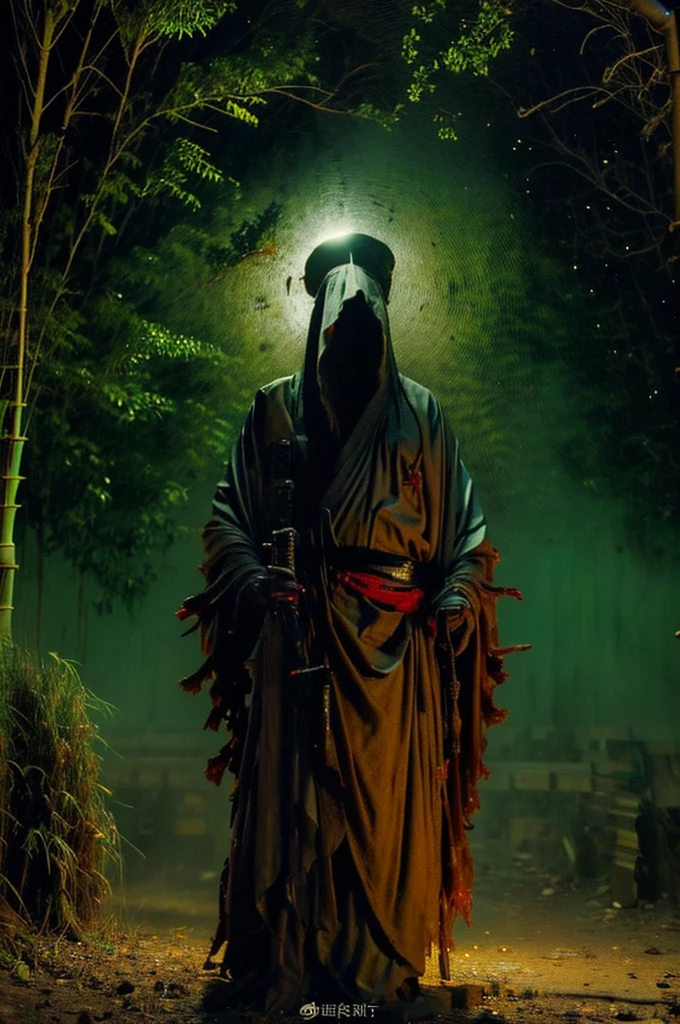 (best quality, 4k, highres, masterpiece:1.2), ultra-detailed, (realistic, photorealistic, photo-realistic:1.37), a man dressed as a samurai stands in the rain, wearing a bamboo hat (kasa) on his head. He is surrounded by a dense forest, alive with the sounds of nature. It's a moonlit night, and the darkness adds to the mysterious ambiance. The man is wearing a black kimono with neon red stripes that glow in the darkness, making him stand out in the scene. His sword (katana) is unsheathed, ready for action in the face of imminent disasters.